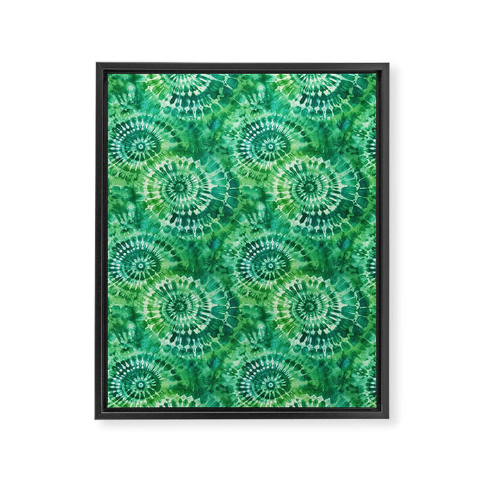 Jumbo Tie Dye Batik in Bright Green Circling Swirls on Teal Framed Canvas Print Gallery Image 1