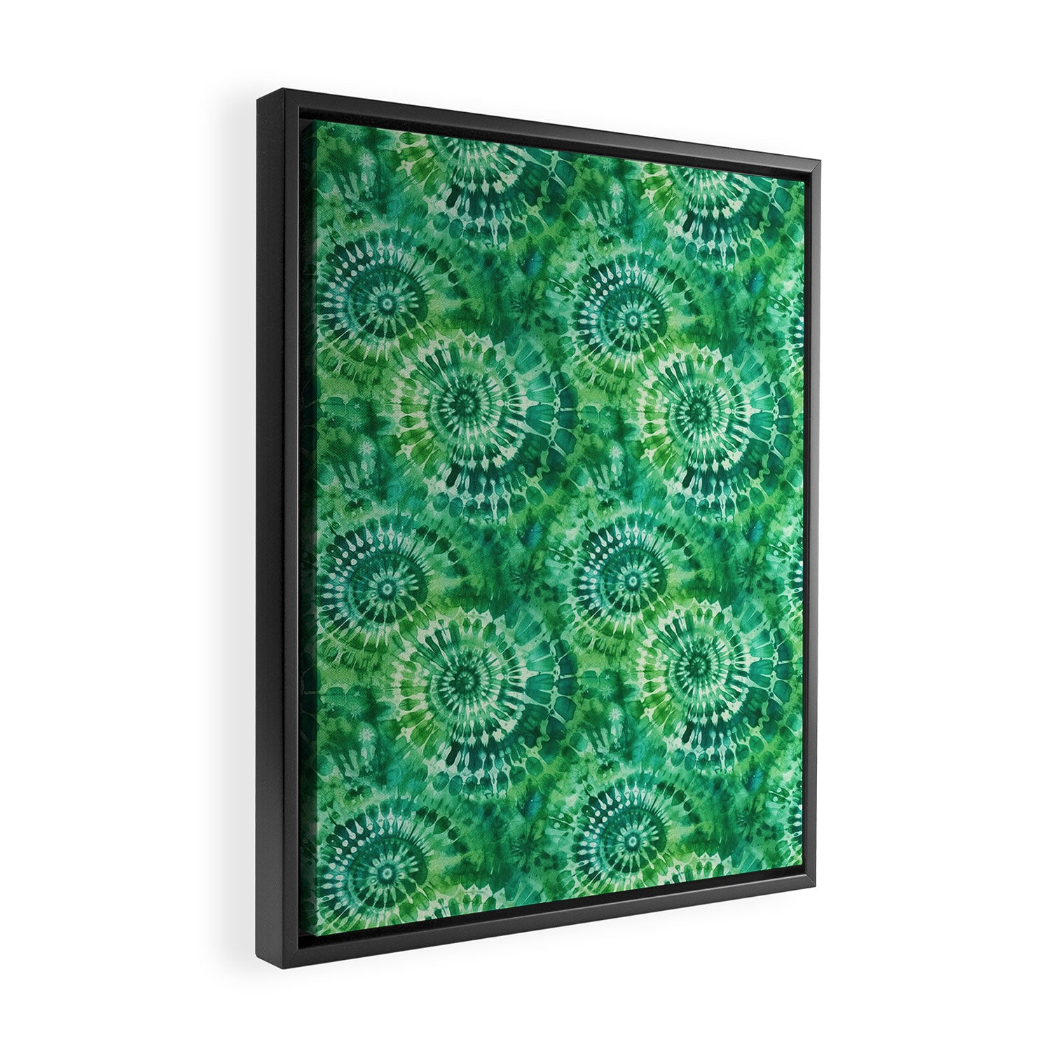 Jumbo Tie Dye Batik in Bright Green Circling Swirls on Teal Framed Canvas Print Gallery Image 2