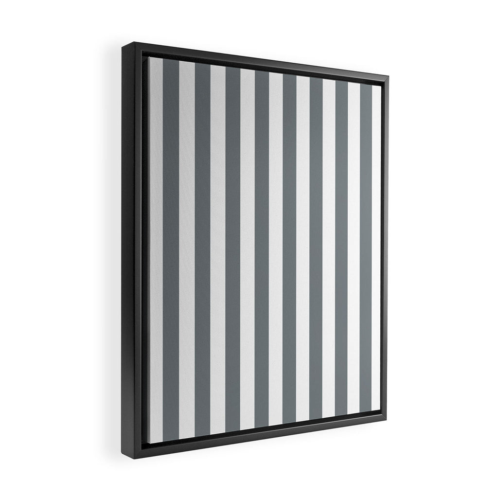 Large Smoke Grey and White Vertical Cabana Tent Stripes Framed Canvas Print Gallery Image 2