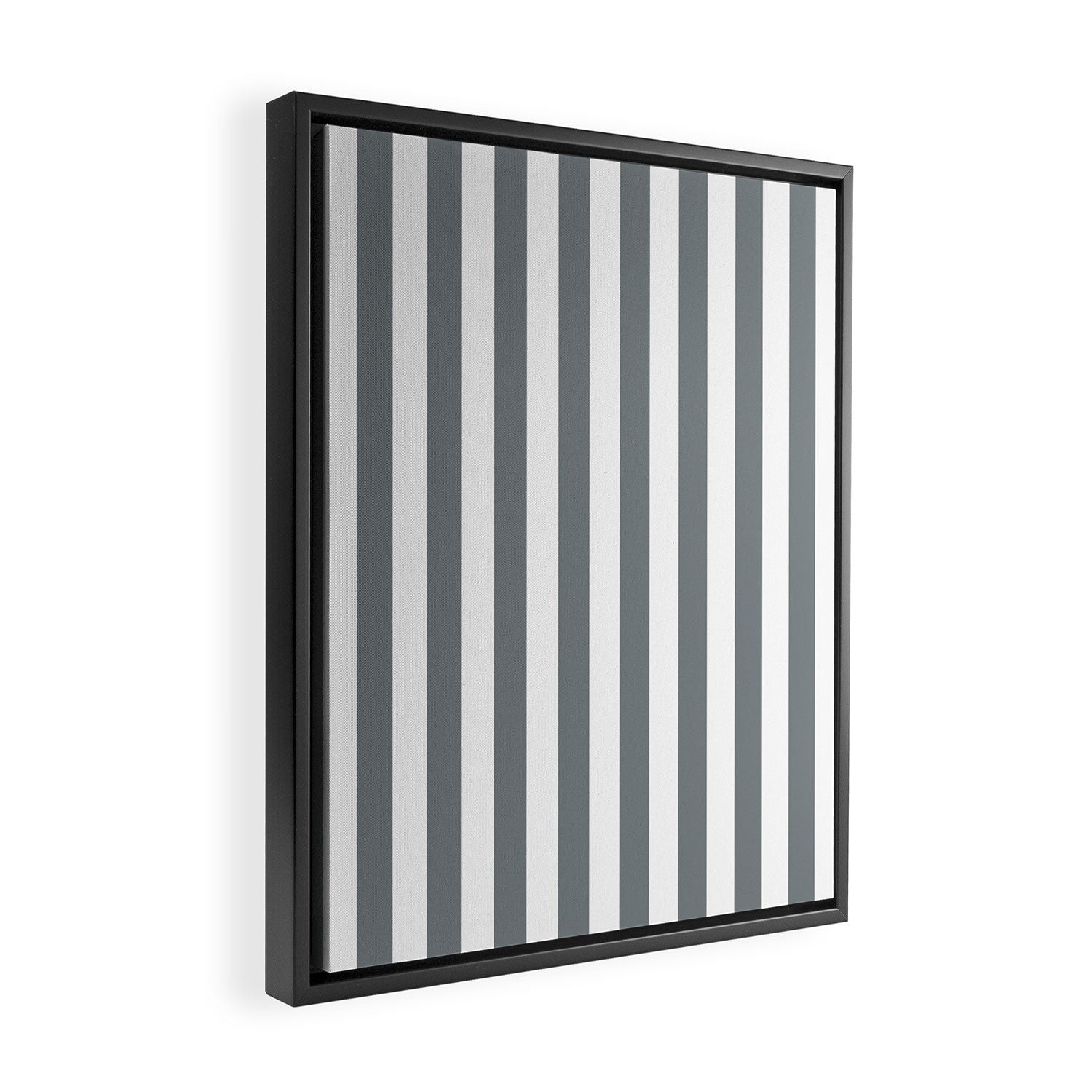 Large Smoke Grey and White Vertical Cabana Tent Stripes Framed Canvas Print Gallery Image 2