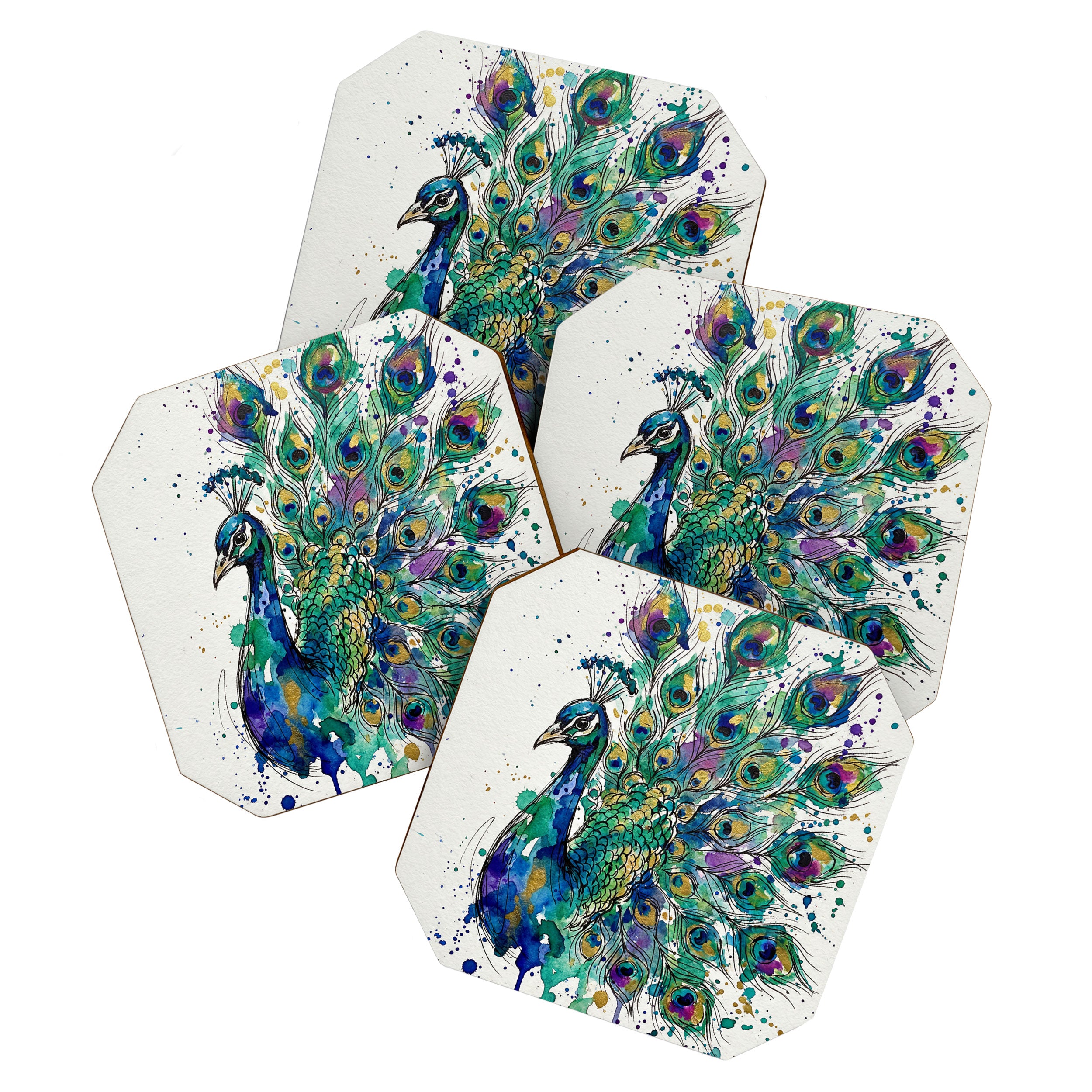 Abstract Peacock Ink and Watercolour Splatter Art Print Coaster Gallery Image 1