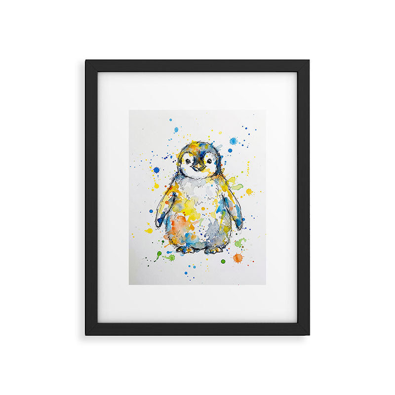 Baby Penguin Watercolour Ink Line Splatter Art Print Framed Art Print Gallery Image 5