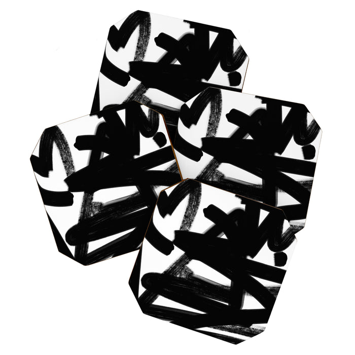 Thinking Out Loud - Black and white abstract painting, raw brush strokes Coaster Gallery Image 1