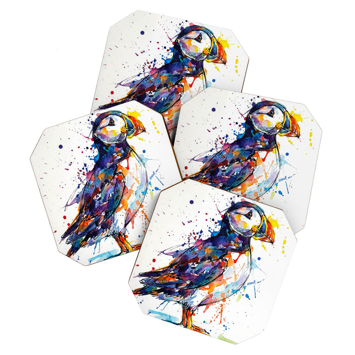 Vibrant Puffin Watercolour - Ink Line and Colour Splatter Coastal Bird Art Print Coaster Gallery Image 1