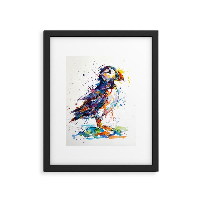 Vibrant Puffin Watercolour - Ink Line and Colour Splatter Coastal Bird Art Print Framed Art Print Gallery Image 1