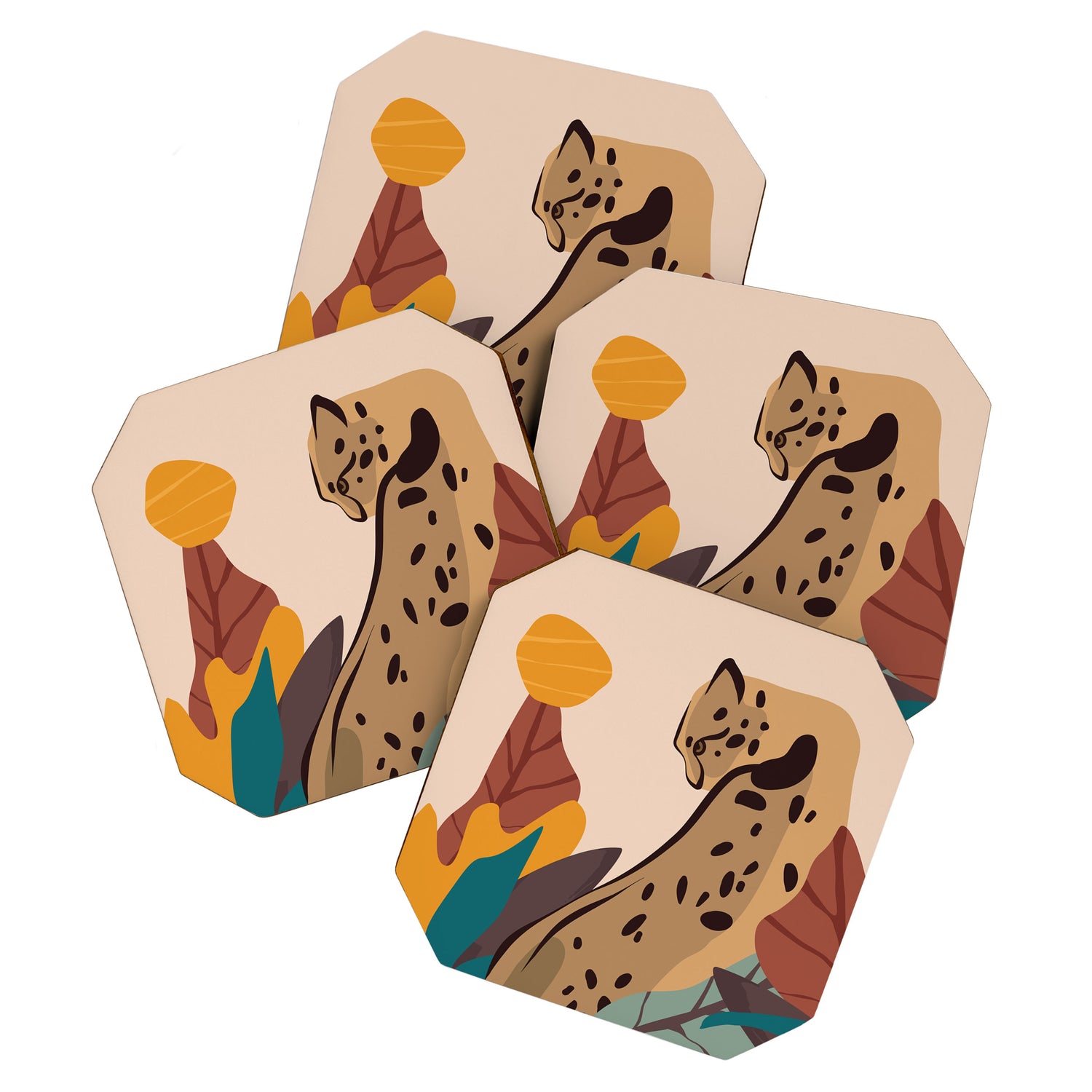 Jungle Leopard with Tropical Leaves in Earthy Colors Coaster Gallery Image 1