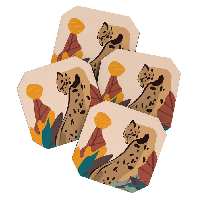 Jungle Leopard with Tropical Leaves in Earthy Colors Coaster Gallery Image 1