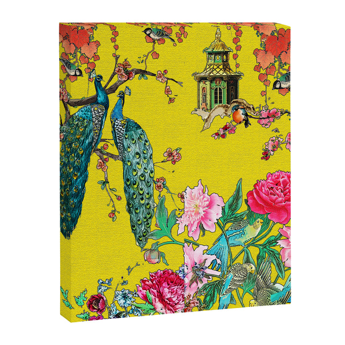 Vintage Oriental Peacocks, Peonies, Birds & Pagodas Print Canvas Print Gallery Image 1