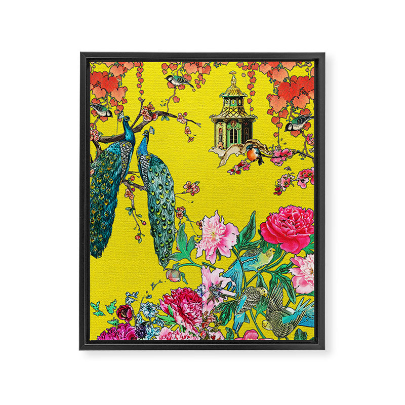 Vintage Oriental Peacocks, Peonies, Birds & Pagodas Print Framed Canvas Print Gallery Image 6
