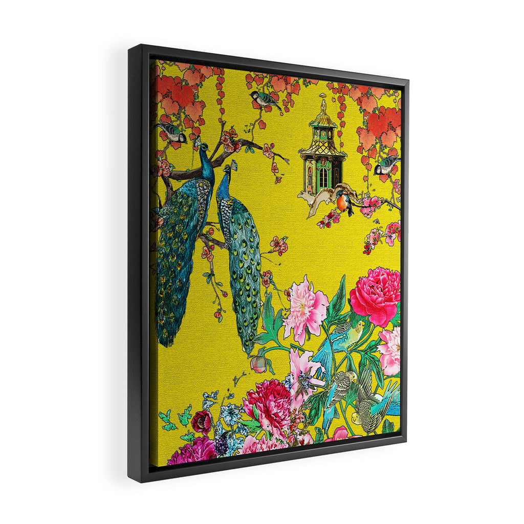 Vintage Oriental Peacocks, Peonies, Birds & Pagodas Print Framed Canvas Print Gallery Image 2