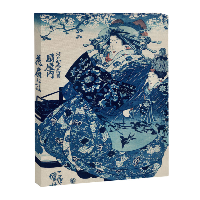 Ogiya Uchi Hanaogi by Utagawa Kuniyoshi 1798-1861 Ukiyo-e Style Floral Fashion Dress Dark Navy Blue Canvas Print Gallery Image 1