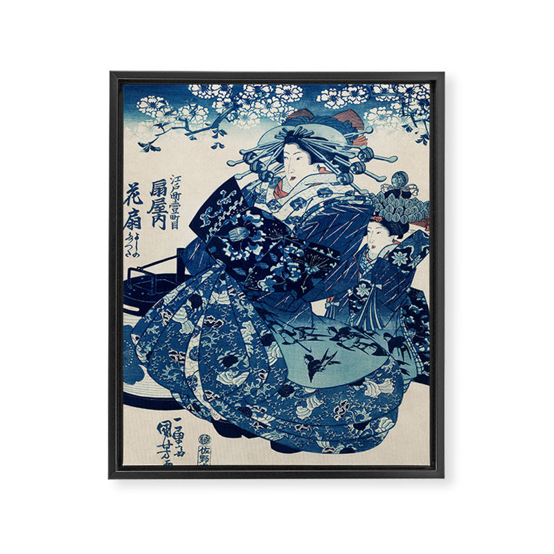 Ogiya Uchi Hanaogi by Utagawa Kuniyoshi 1798-1861 Ukiyo-e Style Floral Fashion Dress Dark Navy Blue Framed Canvas Print Gallery Image 6