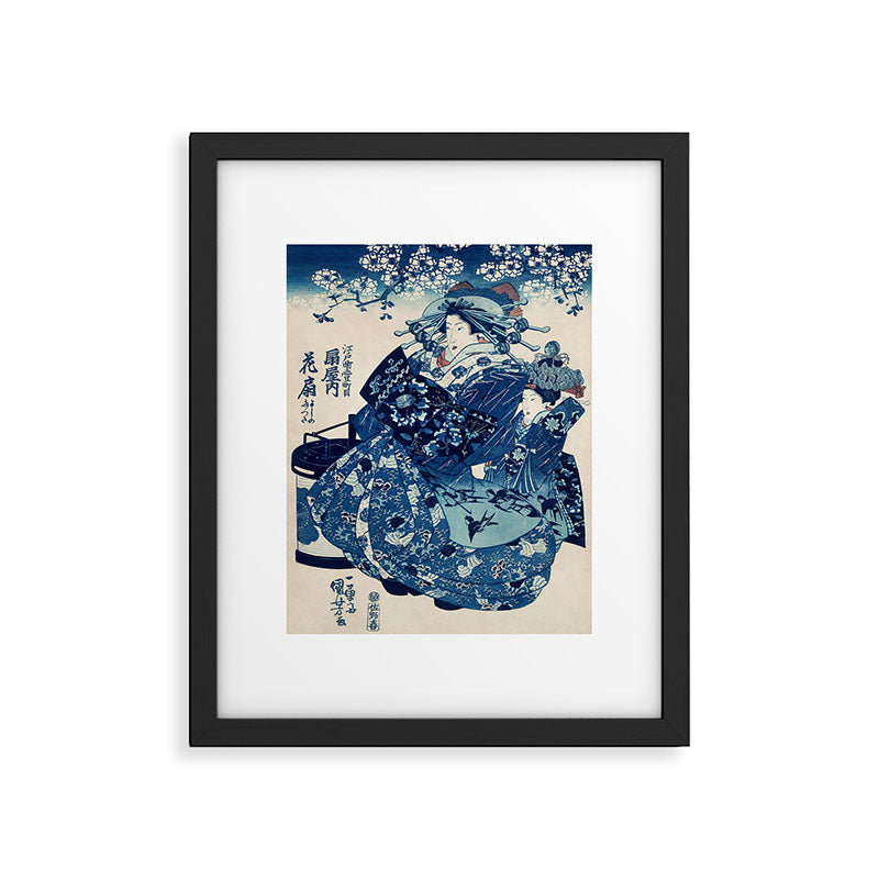 Ogiya Uchi Hanaogi by Utagawa Kuniyoshi 1798-1861 Ukiyo-e Style Floral Fashion Dress Dark Navy Blue Framed Art Print Gallery Image 5