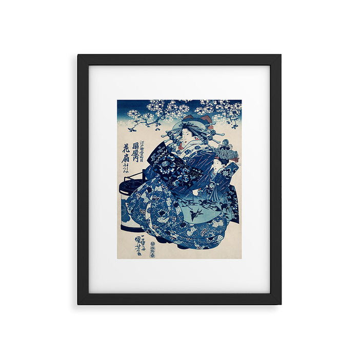 Ogiya Uchi Hanaogi by Utagawa Kuniyoshi 1798-1861 Ukiyo-e Style Floral Fashion Dress Dark Navy Blue Framed Art Print Gallery Image 1