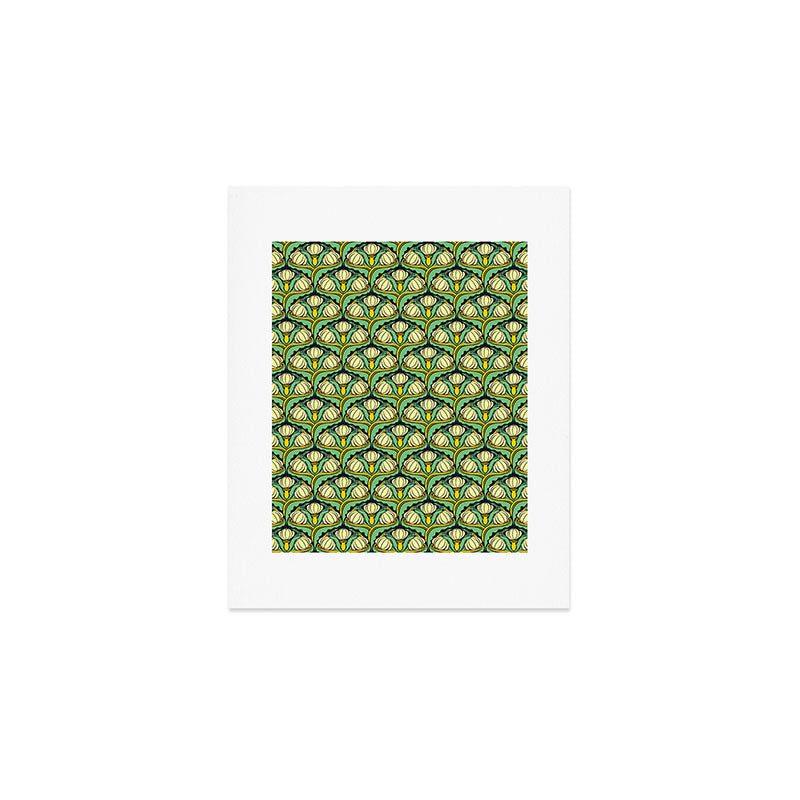Art Nouveau Pattern 2 Cream Yellow Ochre Sage Green On Dark Blue Art Print Gallery Image 1