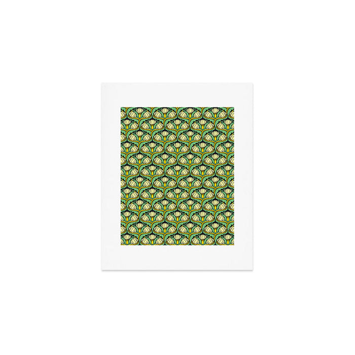 Art Nouveau Pattern 2 Cream Yellow Ochre Sage Green On Dark Blue Art Print Gallery Image 1