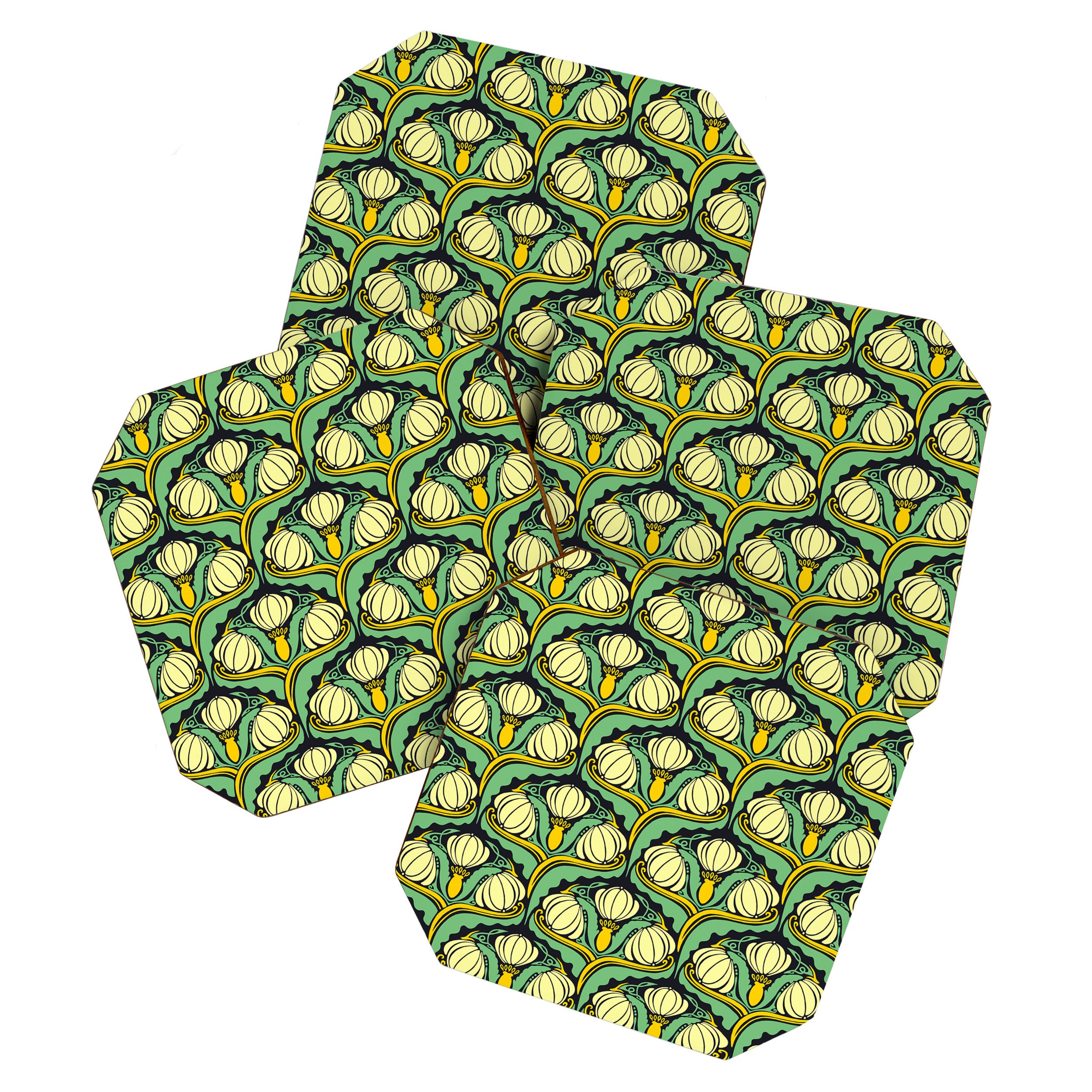 Art Nouveau Pattern 2 Cream Yellow Ochre Sage Green On Dark Blue Coaster Gallery Image 1