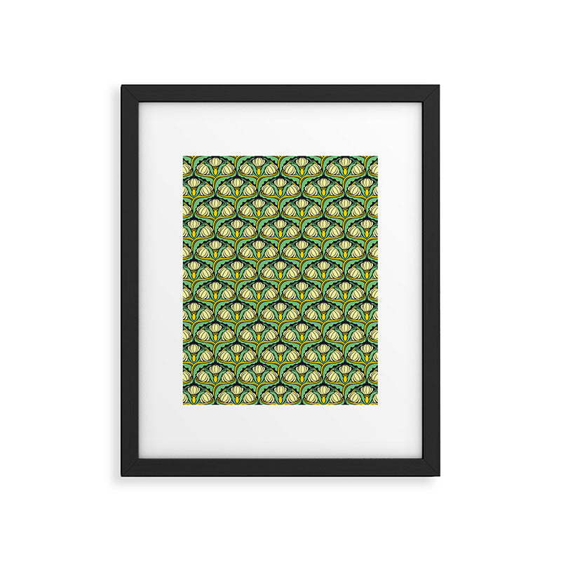 Art Nouveau Pattern 2 Cream Yellow Ochre Sage Green On Dark Blue Framed Art Print Gallery Image 6