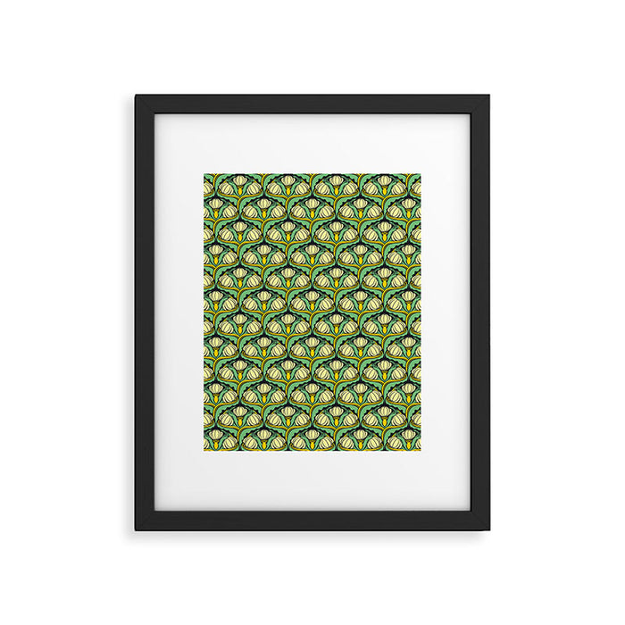 Art Nouveau Pattern 2 Cream Yellow Ochre Sage Green On Dark Blue Framed Art Print Gallery Image 1
