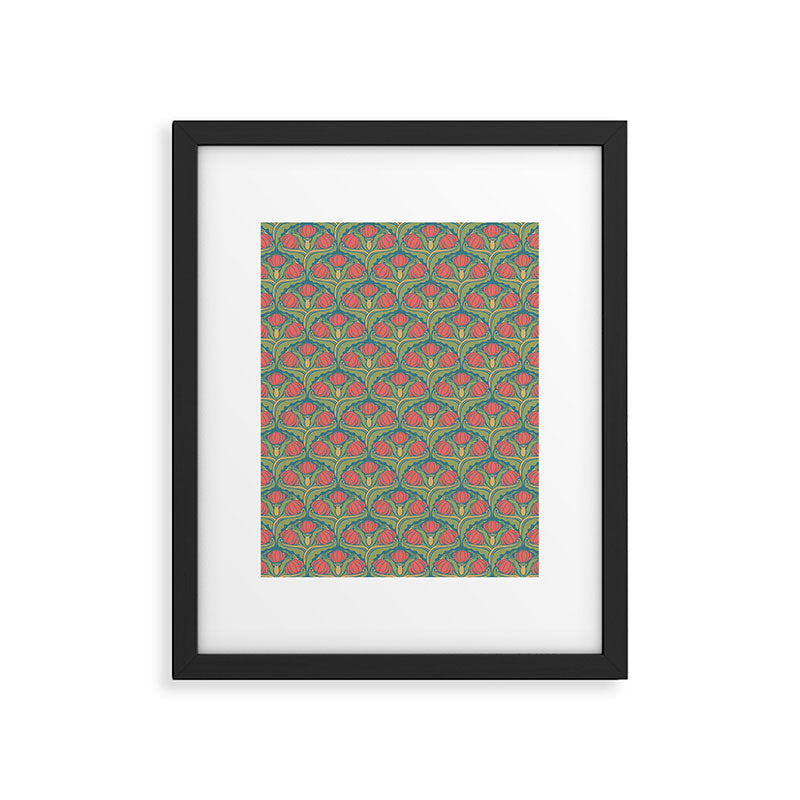 Art Nouveau Pattern 2 Red Sage Green Yellow Ochre On Blue Framed Art Print Gallery Image 6