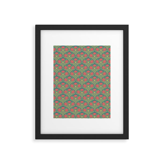 Art Nouveau Pattern 2 Red Sage Green Yellow Ochre On Blue Framed Art Print Gallery Image 1