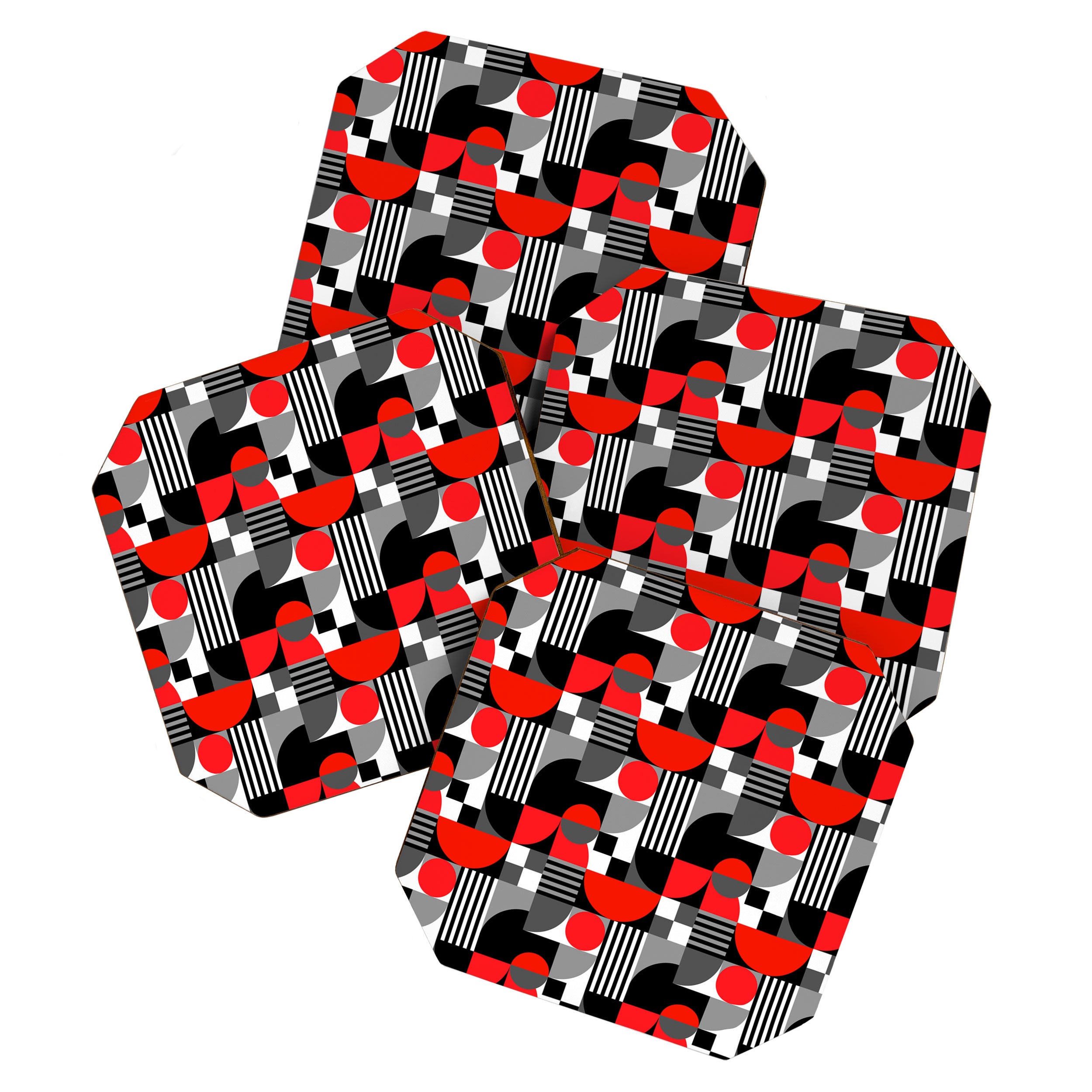 Mid Century Modern Geometric Shapes and Stripes No. 2 Red, Gray, Black Coaster Gallery Image 1