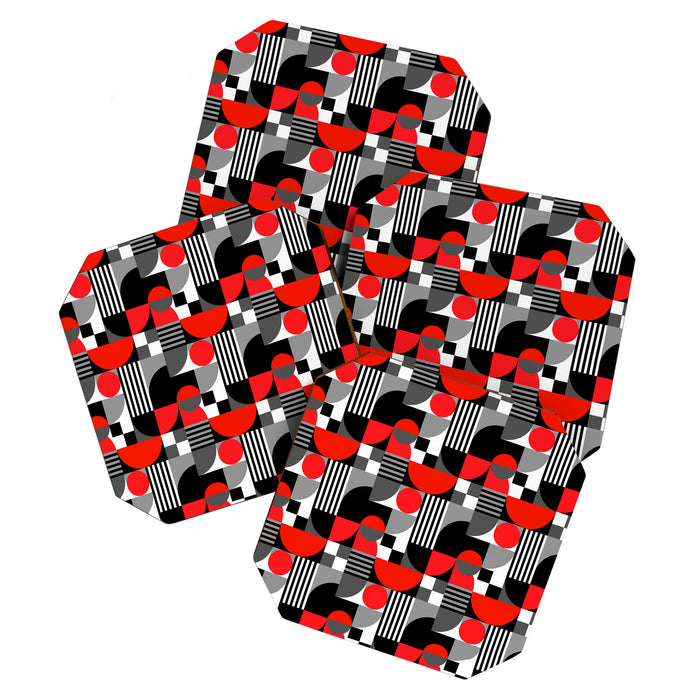 Mid Century Modern Geometric Shapes and Stripes No. 2 Red, Gray, Black Coaster Gallery Image 1