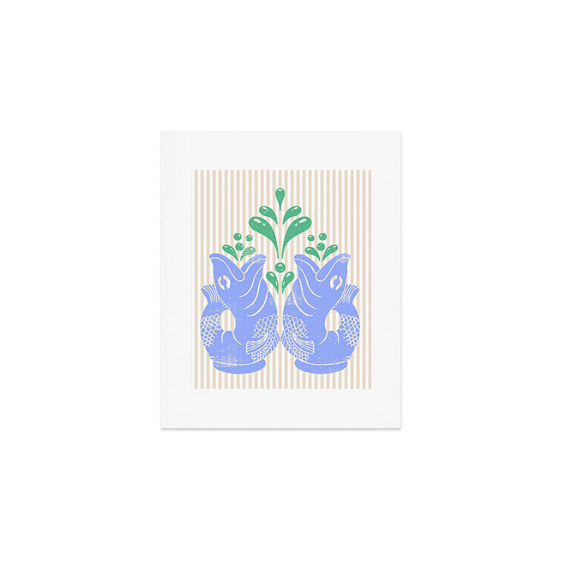 Retro Gurgle Fish Vases On Stripes - Blue And Teal Art Print Gallery Image 1