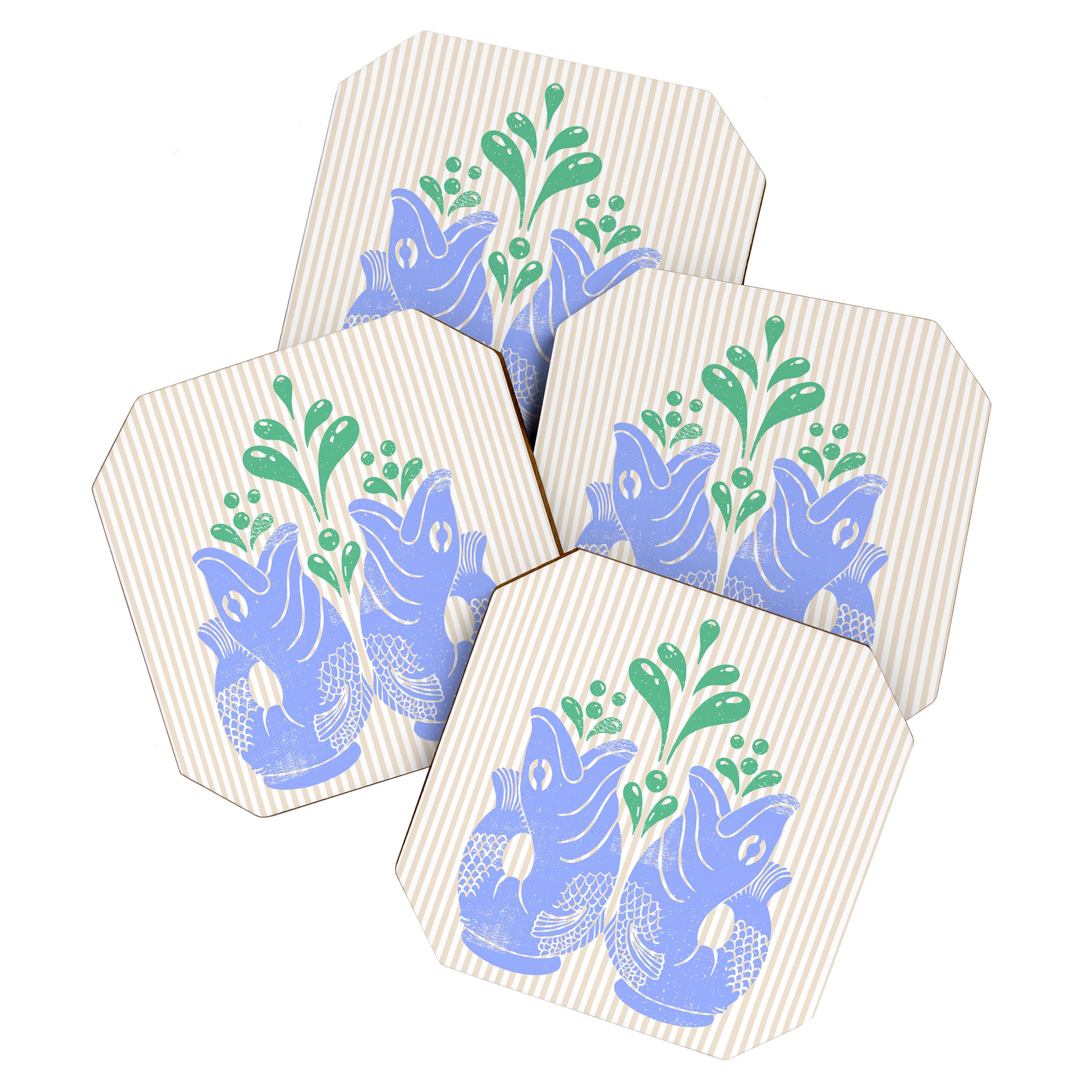 Retro Gurgle Fish Vases On Stripes - Blue And Teal Coaster Gallery Image 1