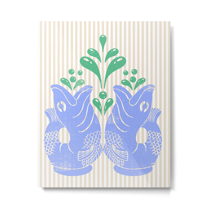 Retro Gurgle Fish Vases On Stripes - Blue And Teal Metal Print Gallery Image 1