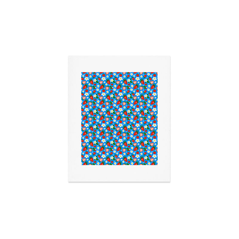 Strawberries Galore Pattern On Blue Art Print Gallery Image 1