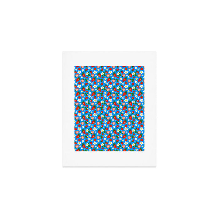 Strawberries Galore Pattern On Blue Art Print Gallery Image 1