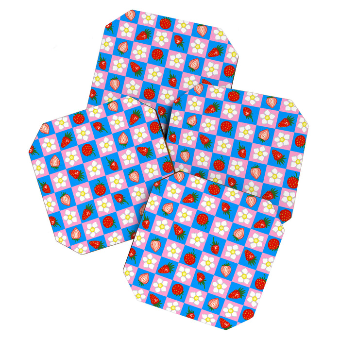 Strawberry Checkerboard - Blue And Pink Coaster Gallery Image 1