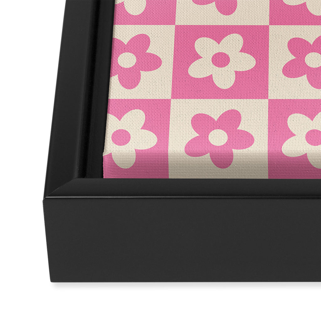 90s checkers flowers cream and pink Framed Canvas Print Gallery Image 3