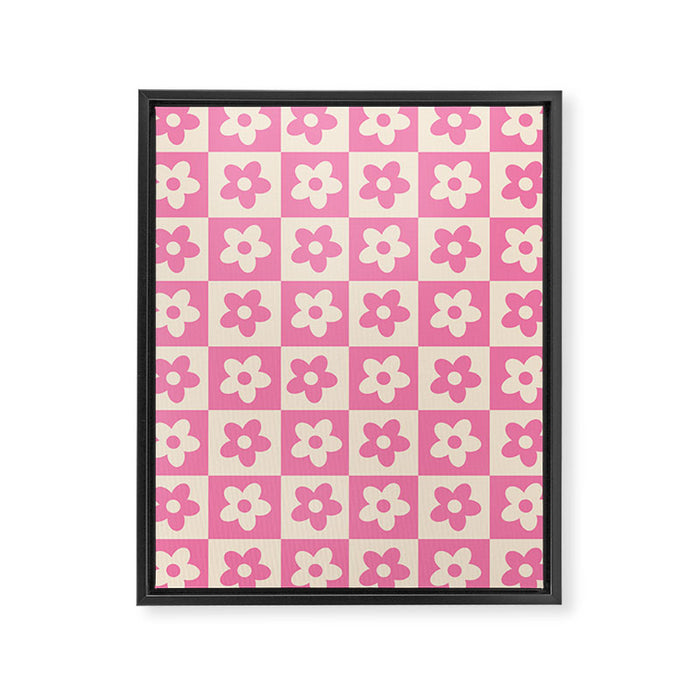 90s checkers flowers cream and pink Framed Canvas Print Gallery Image 1