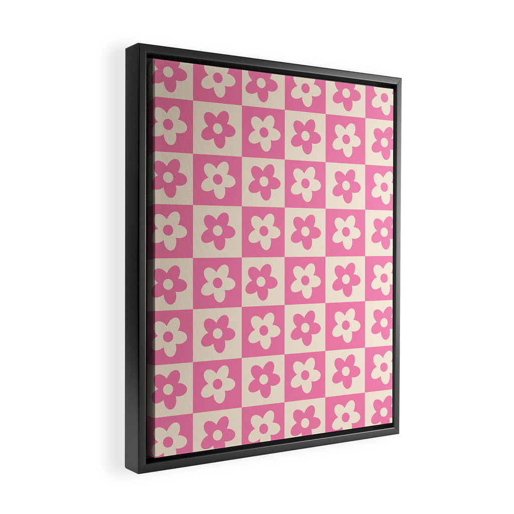 90s checkers flowers cream and pink Framed Canvas Print Gallery Image 2