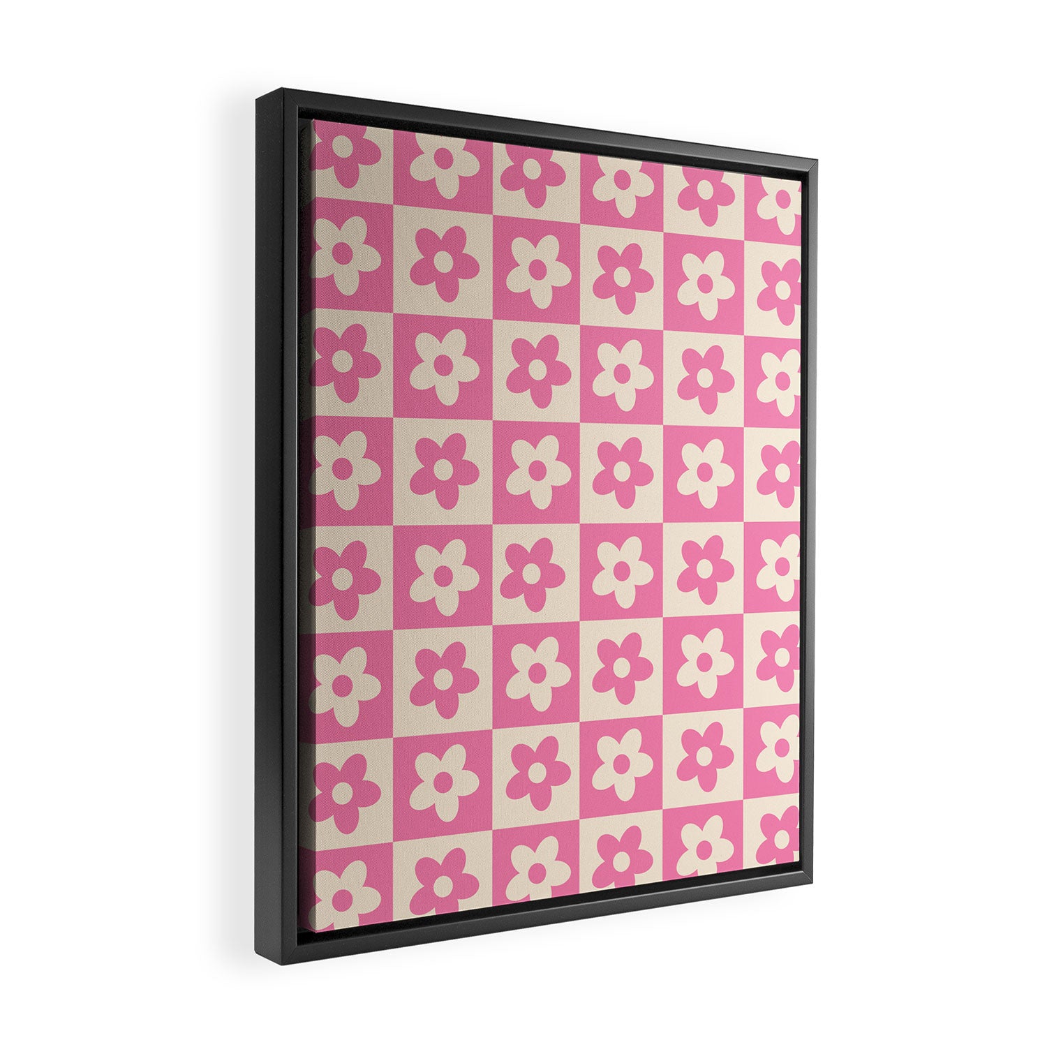 90s checkers flowers cream and pink Framed Canvas Print Gallery Image 2