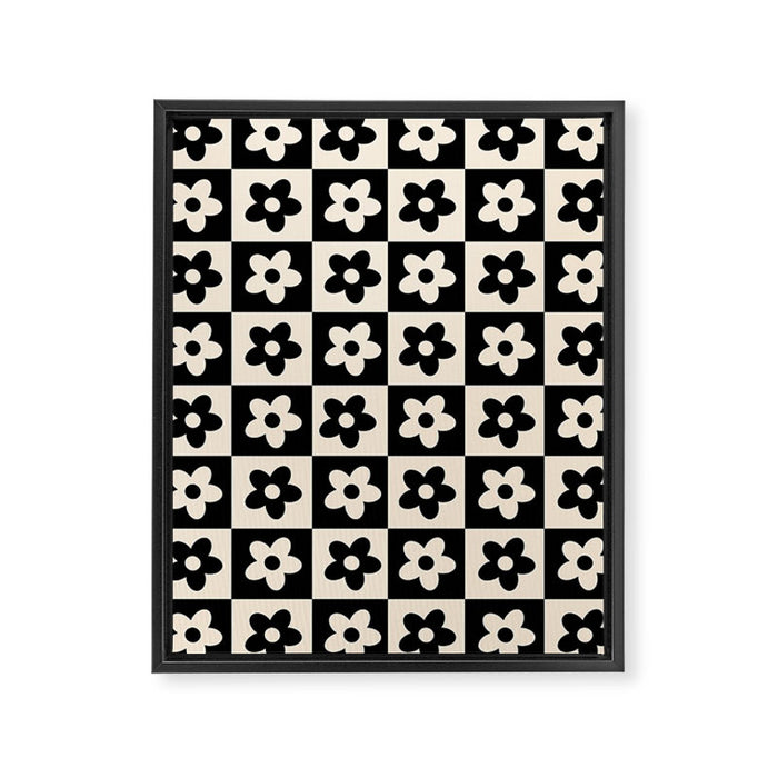 90s flowers checkers cream and black Framed Canvas Print Gallery Image 1