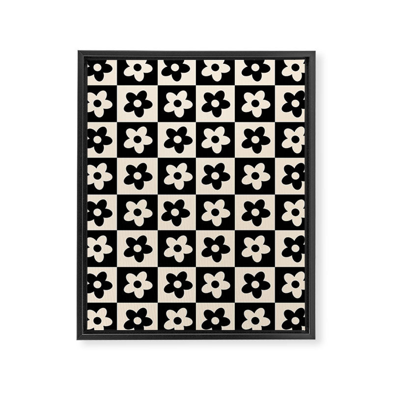 90s flowers checkers cream and black Framed Canvas Print Gallery Image 8