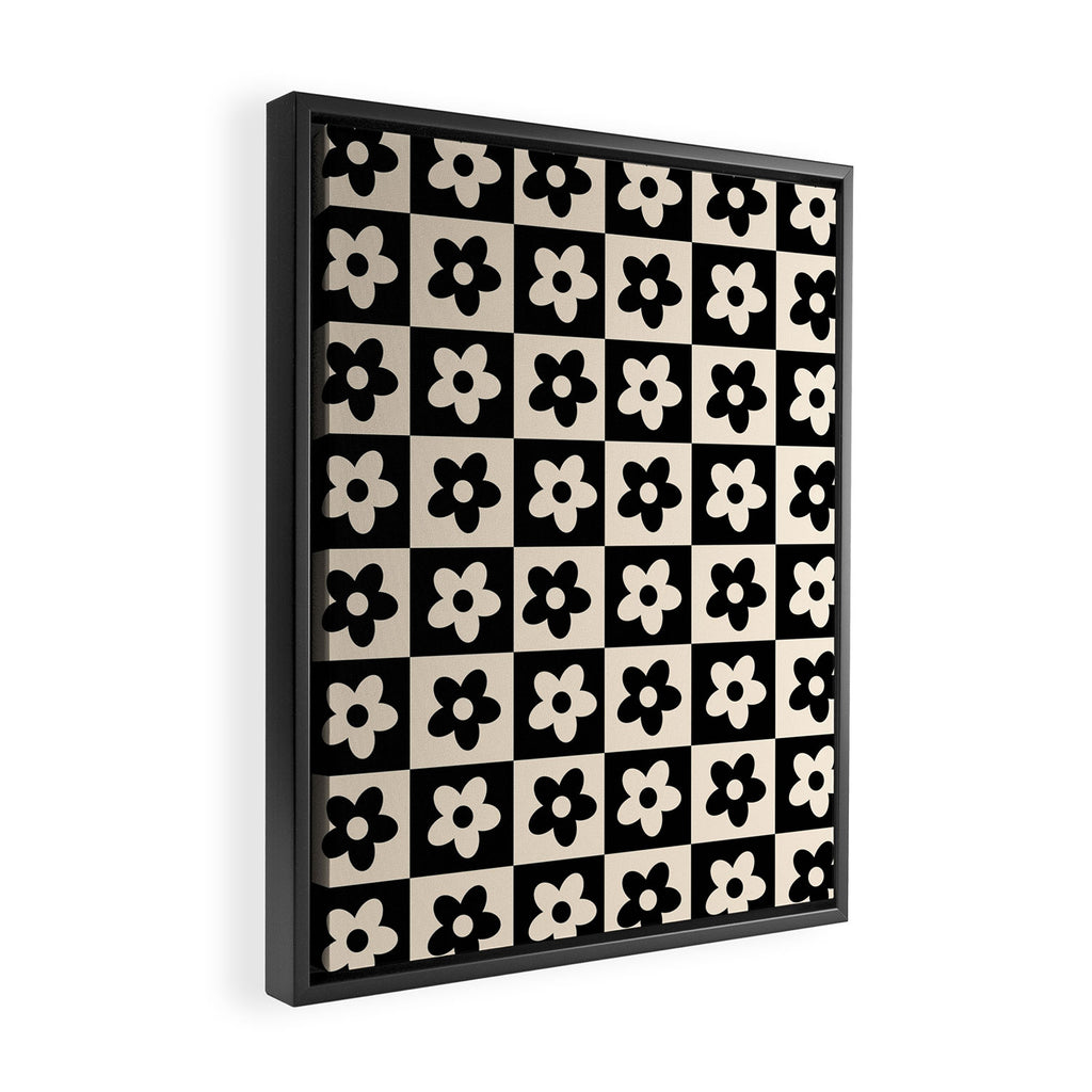 90s flowers checkers cream and black Framed Canvas Print Gallery Image 2