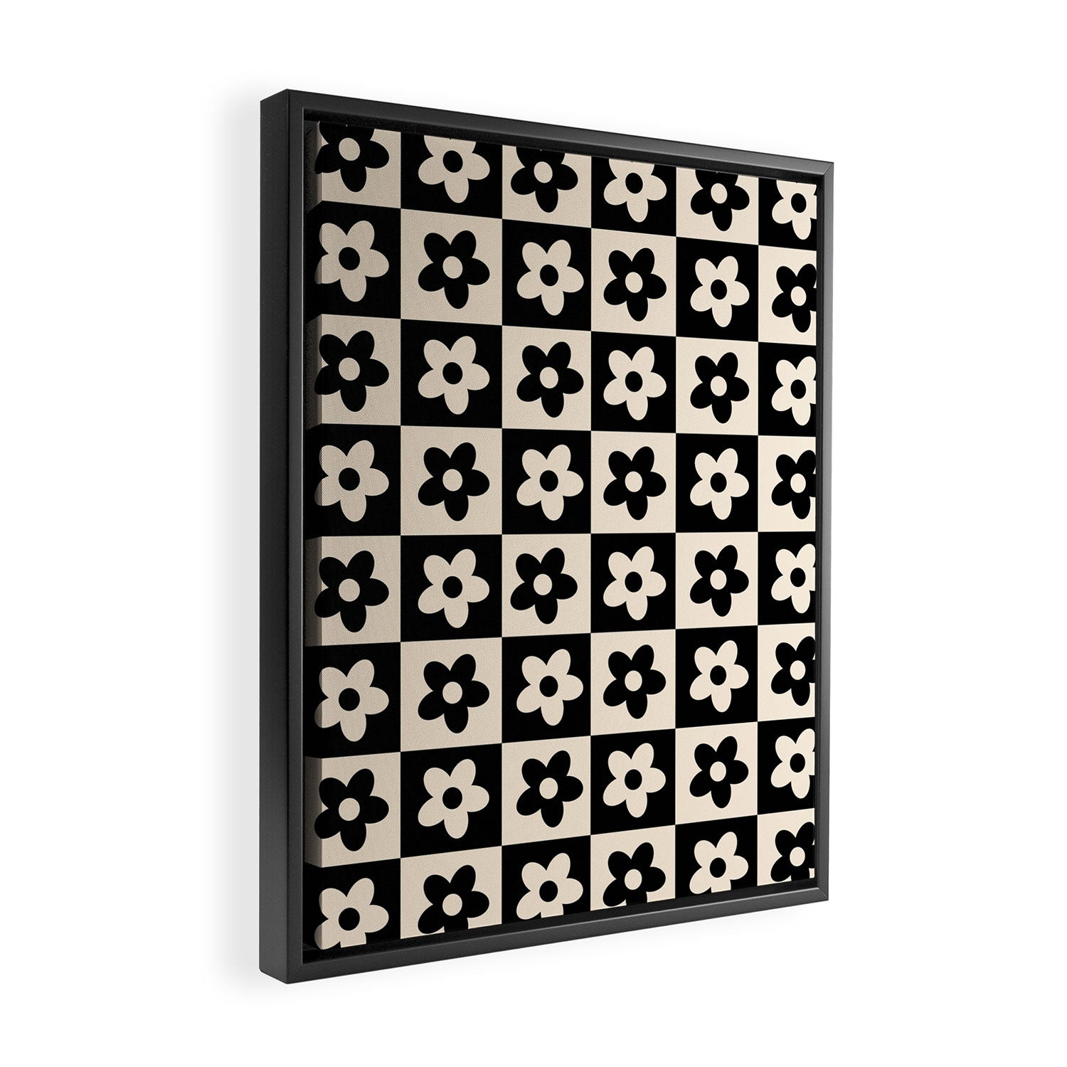 90s flowers checkers cream and black Framed Canvas Print Gallery Image 2