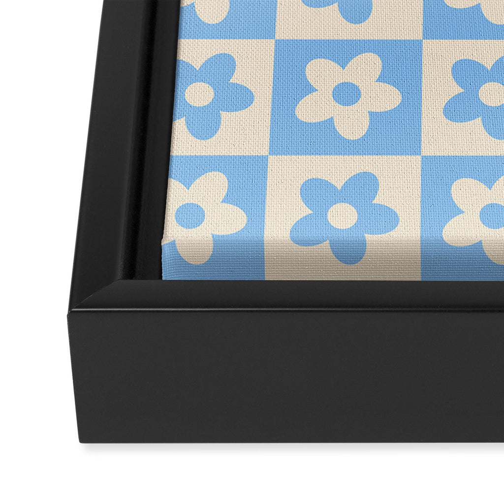 90s flowers checkers cream and blue Framed Canvas Print Gallery Image 3