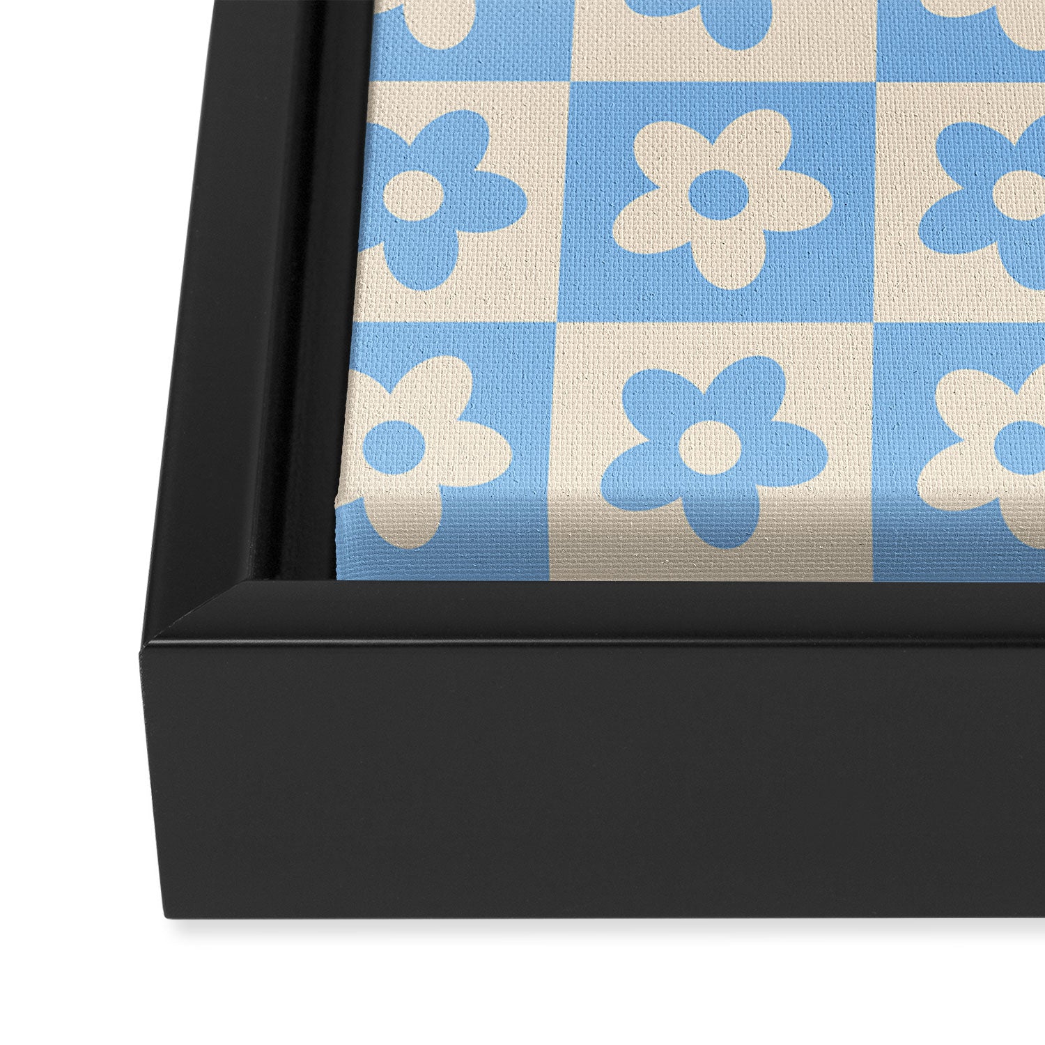 90s flowers checkers cream and blue Framed Canvas Print Gallery Image 3