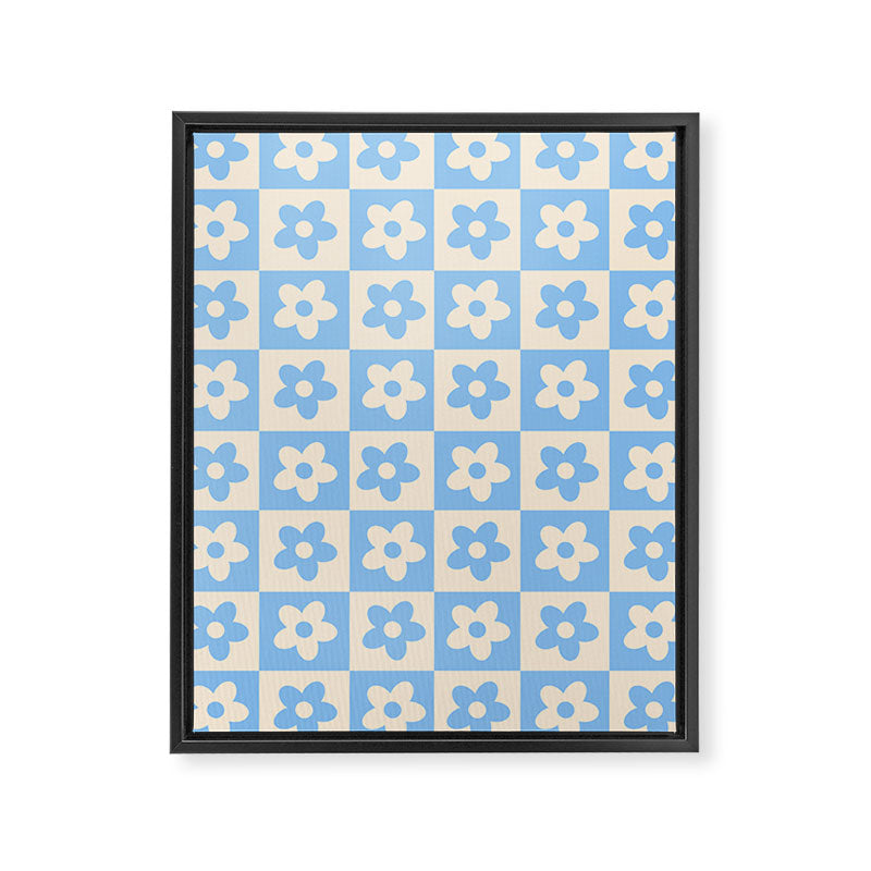 90s flowers checkers cream and blue Framed Canvas Print Gallery Image 8