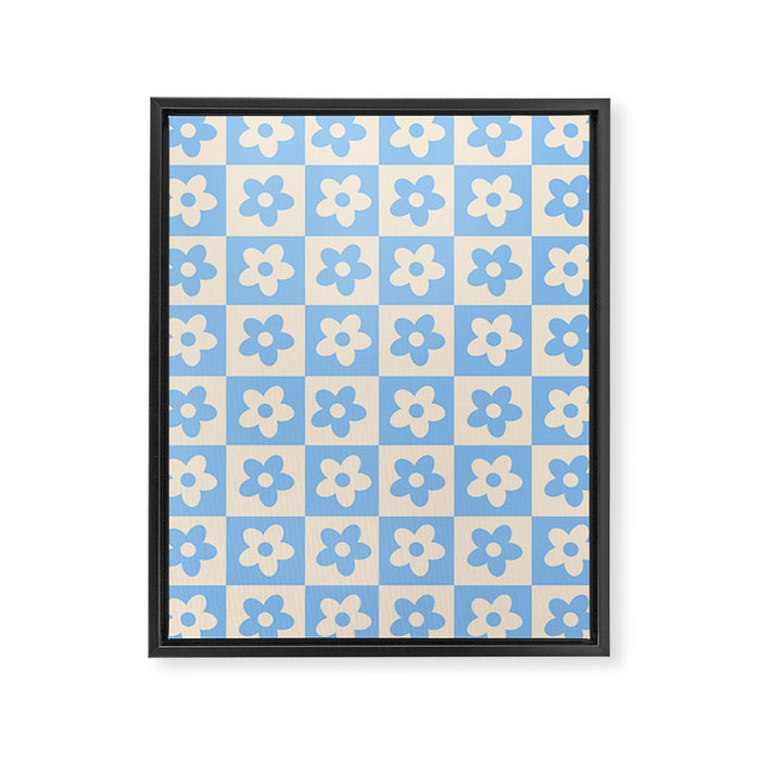 90s flowers checkers cream and blue Framed Canvas Print Gallery Image 1