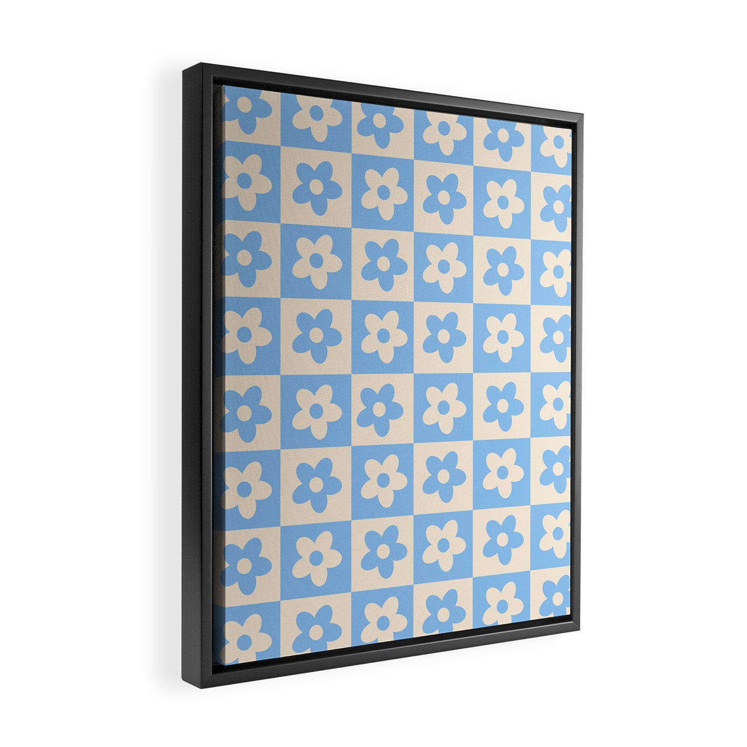 90s flowers checkers cream and blue Framed Canvas Print Gallery Image 2