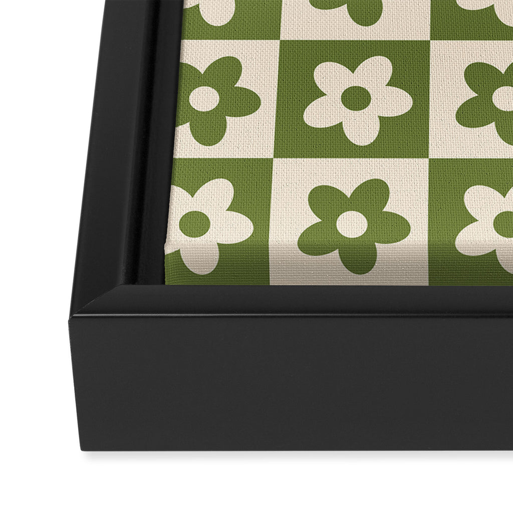 90s flowers checkers cream and green Framed Canvas Print Gallery Image 3