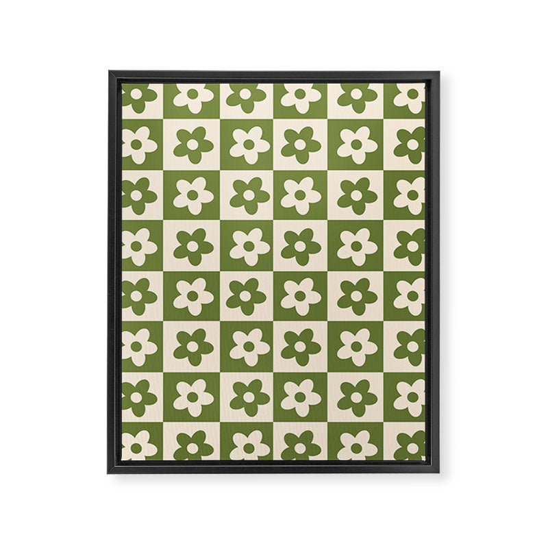 90s flowers checkers cream and green Framed Canvas Print Gallery Image 8