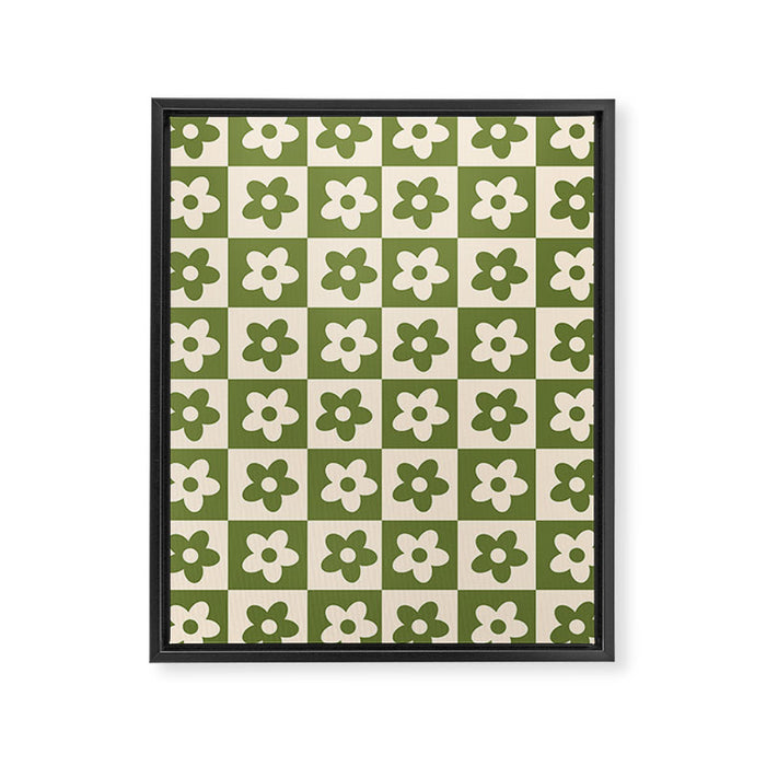 90s flowers checkers cream and green Framed Canvas Print Gallery Image 1