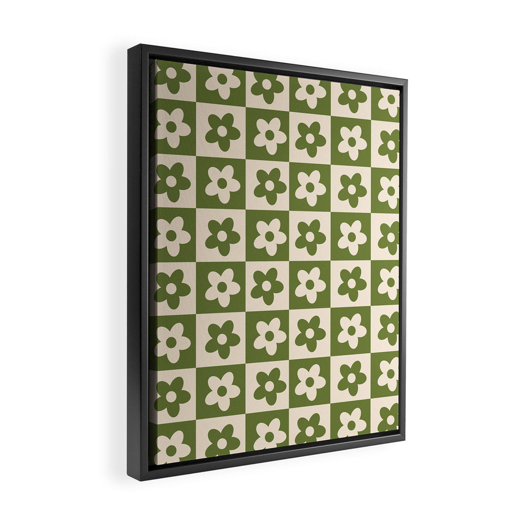 90s flowers checkers cream and green Framed Canvas Print Gallery Image 2